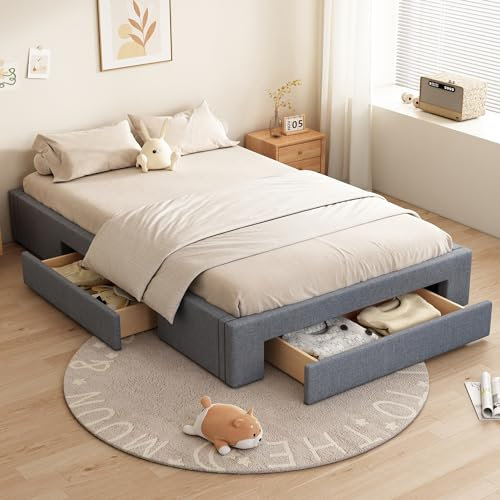 MQLAE Bett 140x200 cm, Doppelbett mit DREI große Schubladen, ohne Kopfteil, Stauraumbett Bettgestell, Bett mit Lattenrost, für Erwachsene & Jugendliche, ohne Matratze, Grau