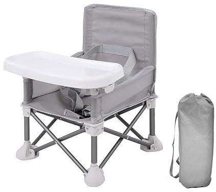 LADIDA Foldable Portable Baby Travel Booster Seat with Tray – High Chair for Dining, Camping, Beach – Toddler Feeding Chair with Removable Tray & Carry Bag （Grey） 308