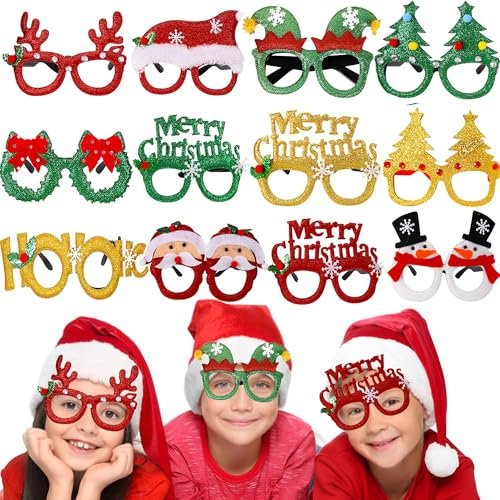 MZSX 12pcs Weihnachten Glitter Party Brille, Weihnachtsdekoration Brillen, Selfie Prop Xmas Brille Weihnachtsbaum Geweih Schneemann Weihnachtsmann, Urlaub Party Xmas Dekorationen Ornamente Geschenk