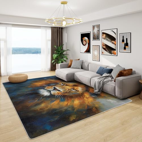 Löwenmotiv Teppich - Wohnzimmer Schlafzimmer Wilde Tiere, Weich Kurzflor & Waschbar & Rutschfest Fussmatte Innen, Kinderteppich 60x90 cm