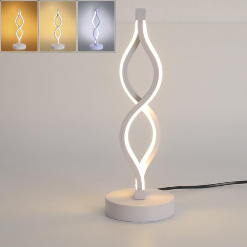 Mengjay Tischlampe Dimmbar Nachttischlampe, Led Wohnzimmer Tischleuchte 6W Modern Spiral Design, Warmweiß Kaltweiss 3 Farbmodi, für Schlafzimmer, Büro, Wohnzimmer (Weiß)