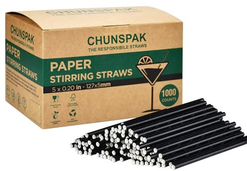 Chunspak Einweg-Trinkhalme aus Papier, 12,7 cm, schwarz, Rührstäbchen, 5 mm Durchmesser, für Cocktail, Kaffee, Bar, kompostierbar, 1000 Stück