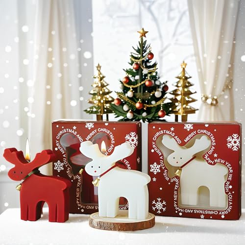 2 Stück Weihnachten Rentier Geformte Duftkerze Set, ästhetisches Aroma Sojawachs Weihnachten Dekorative Kerze, Dekorative Aromatherapie-Kerzen (Red and White Elk Set)