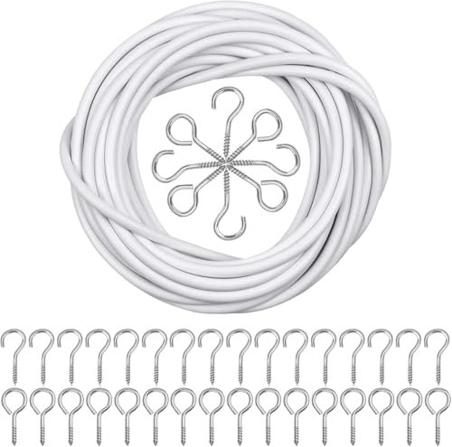 Luabue 10 Metros Alambre para Cortinas Cuerdas Cortinas Gusanillo para Cortinas Blanco Ganchos Atornillables para Cortinas Alambre de Cortina con 20 Cáncamos y 20 Ganchos Atornillables Curtain Wire