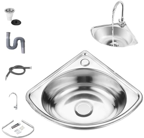 Jeorywoet Stainless Steel Triangular Corner Sink, Countertop Mounted, 34x34cm/13.38x13.38 inches (outer), 32x25cm/12.6x9.84 inches (inner), 1 Hole, Rear Drain