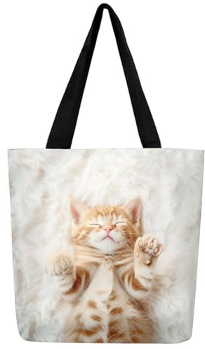 Loussiesd Katze Leinwand Einkaufstasche Orange Katze Stofftasche Nettes Tier Erwachsene Frauen Schularbeit Strand Handtasche 3D Tier Druck Weiß Orange Stoffbeutel Menschen mit Katzen Tragetasche