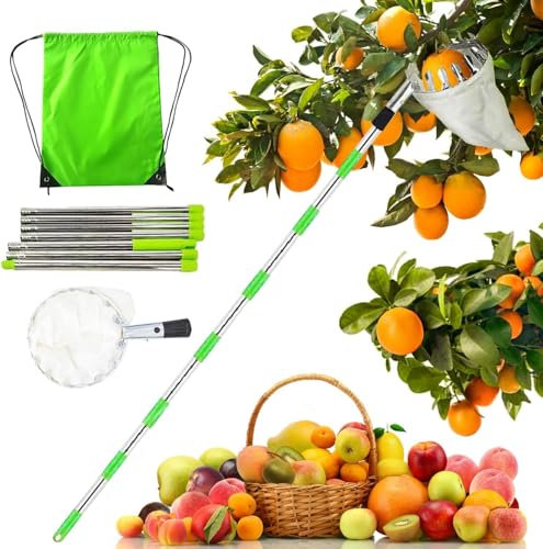 dingdongji Recogedor de frutas, recogedor de manzanas de 16 cm de diámetro, fácil de montar, 2,8 m, recogedor de cerezas con bolsa de algodón, recogedor de ciruelas