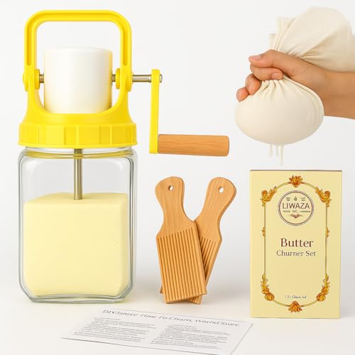 LIWAZA Butter Churner Kit – 1.5L Glass Jar Hand Crank Butter Churn – DIY Butter Maker with Cheesecloth, 2 Wooden Spatulas & Recipe Guide – Make delicious Homemade Butter in Just 10 Minutes
