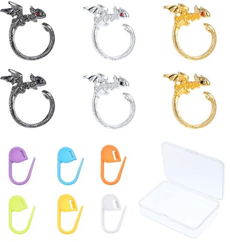 JIEYAO 6 Stück Häkelring,Verstellbare Strickschlaufe Drachenstil Metall Häkelringe mit 20 Stück Häkelstichmarkern Crochet Ring Häkel Zubehör Strick Häkelschlaufenringe für Finger
