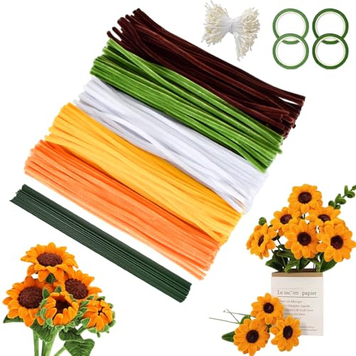 500 Stück Pfeifenputzer zum Basteln, Pfeifenreiniger Blumen Set mit 40 Blumendrähten & 4 Klebebändern, Chenilledraht 30cm (5 Farben) für Sonnenblumen-Blumenstrauß, Bastelbedarf,DIY Handwerk
