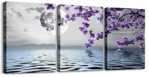 Homemissing Fleurs de cerisier Tableau Decoration Murale 30x40cm 3 Pièces images de style japonais Poster Images Bureau de fleurs de cerisier Impression sur Toile fleurs plantes violet gris