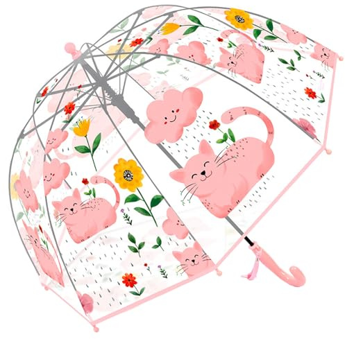 Chesoon Kinderregenschirm mit niedlichem rosa Katzenmuster Klarer winddichter Kuppel mit Bubble-Oberfläche für Mädchen im Alter von 3 bis 8 Jahren