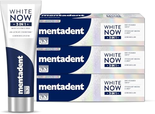 Mentadent Dentifricio White Now 3in1 Original, Tecnologia Triple Light, Sbiancante, 3x75ml