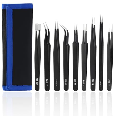Juego de Pinzas ESD Antiestáticas de 9 Piezas – Kit de Pinzas de Precisión en Acero Inoxidable para Electrónica, Joyería, Modelismo, Laboratorio y Depilación – Estuche de Almacenamiento Incluido