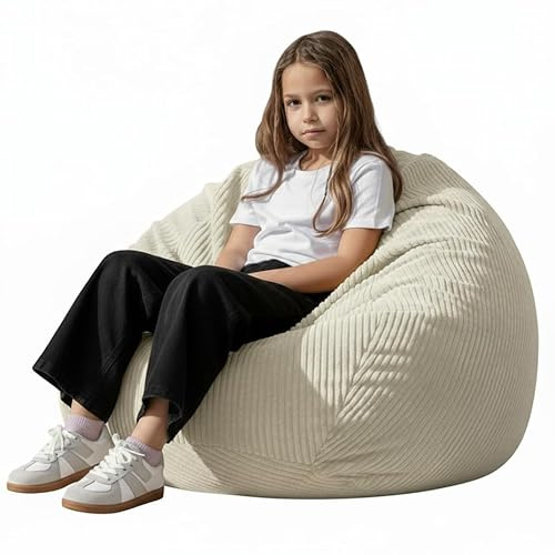 Stuffed Animal Storage Bean Bag Chair Cover (No Filler), Large Toy Storage Organizer & Comfy Kids Sofa Chair for Playroom, Teens Adults Toddler,Corduroy (White, Cover Only)