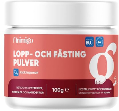 Loppmedel i pulverform – Fästingskydd för hundar – 100 g pulver – Med tillsatta vitaminer, mineraler & aminosyror såsom öljäst, zink, vitamin B3, B1 och B2 – Kycklingsmak – Loppbehandling för hundar