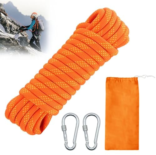 Corde d'escalade, 10 mm x 10 m, cordon multifonction, corde d'extérieur avec 2 mousquetons et pochette, corde d'escalade statique, corde de sécurité pour escalade dans les arbres, randonnée, camping