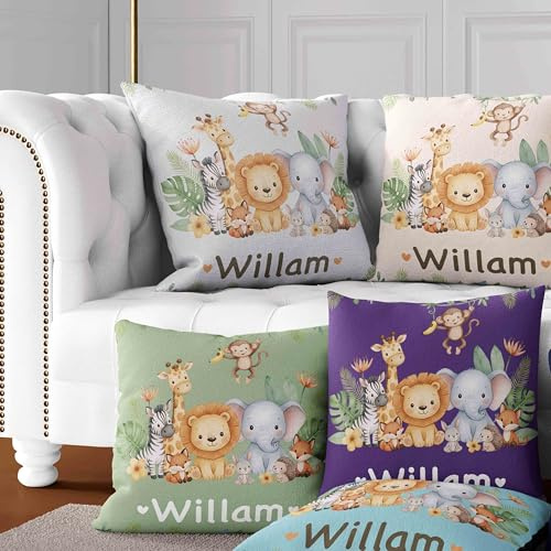 GIFTIMIZED Personalised Cute Animals Cushion, Custom Name & Colour Pillow, Woodland Safari Zoo Design, Baby Nursery Decor, Animal Bedroom Gift, Kids Cushion Cover or Filled