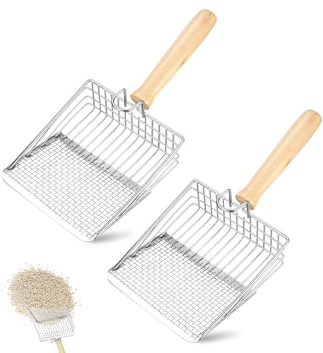 ZYQUES 2 PCS Cat Litter Scoop, Metal Litter Scooper with Wooden Handle Non-Stick Cat-Sifter with Deep Shovel Litter-Box Fast Sifting for Cats and Kittens