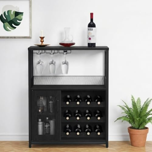 Lidzopas 3-Tier Industrial Wine Cabinet with Removable Rack, Baffle Door & Glass Holders, Freestanding Metal Wood Sideboard Buffet Bar Cabinet for Dining & Kitchen, 69x35x92 cm, Black