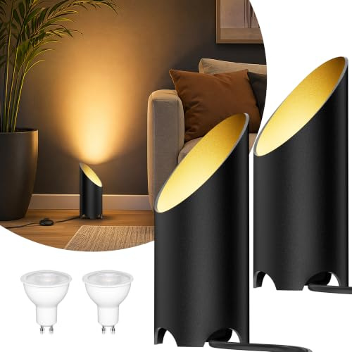 LED Bodenstrahler Innen Wohnzimmer: 3000K 7W GU10, Schwarz, 2 Stück | 3000K warmweißer LED Uplight Spot mit Fußschalter und 1,8 m Kabel für indirekte Beleuchtung, Pflanzen, Bilder und Sofaecken