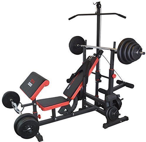 Multifunktion Hantelbank Kraftstation inkl. Latzug, Bauchtrainer, Armcurl und Beincurl mit Hantelset aus Langhantel, Curlhantel und Stange Gewichten 50kg bis 160kg (+ 100 kg Lang- & Curlhantel)