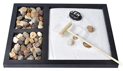 VOSAREA Japanese Style Zen Garden Tabletop Decor Miniature Sand Rake Tray for Meditation Elegant Black Design for Home Office Use