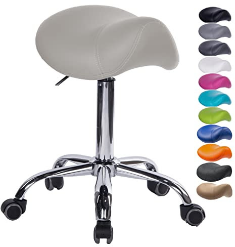 1stuff® Sattelhocker Sattelstuhl MULY - Sitzhöhe bis ca. 74cm - ergonomischer Rollhocker Bürohocker Arzthocker Arbeitshocker Praxishocker Drehhocker (Lederimitat hellgrau)