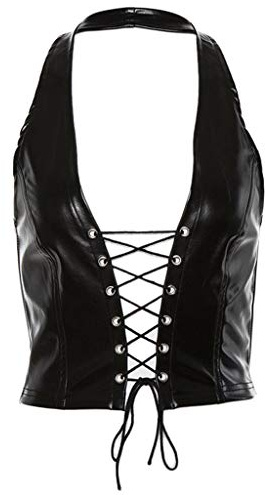 niumanery Women Punk Sleeveless Crop Top Halter Backless Faux Leather Lace-Up Hollow Vest Black M