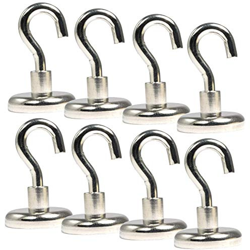 [8 Stück] Magnethaken - Neodym Magnet Haken - 32mm - 34 KG extra Stark -Topfmagnet mit Gewinde M5- Magnethalter mit Haken zum aufhängen - Runde Flachgreifer