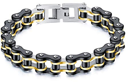 jonline24h Stainless Steel Motorcycle Biker Chain Heavy Bracelet Rock Link Wristband (Black Gold)