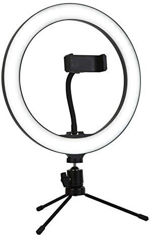 Lighting Collection 10 Ring Tripod Stand & Phone Holder for Creating Selfies and Video for Your Social Media. LED Dimmable 3 Different Lighting Colour Setting (Warm, Cool and White), W, Black