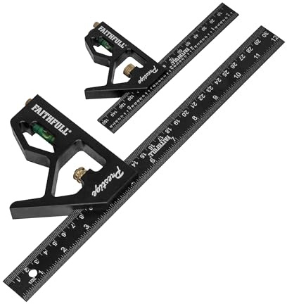 Faithfull Prestige Combination Square Twin Pack Black Aluminium 150mm (6in) & 300mm (12in) – Multi-Function Measuring & Layout Tools with Spirit Level & Marking Scribe for Woodworking & Metalwork