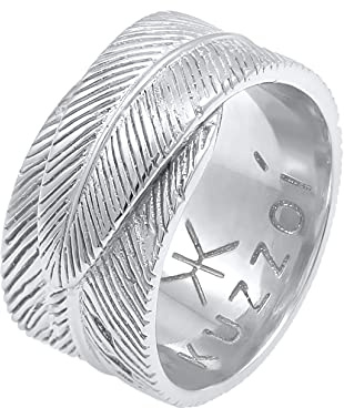 Kuzzoi Massiver Herrenring (12 mm) mit Feder Bandring Männer 925 Silber | 925 Sterling Silber Männer Ring im Vintage Look Ringgröße 60-66