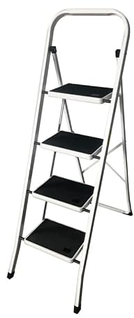 Trittleiter 4 Stufen Klappbar Stufenleiter, Stabil Stahl Klapptrittleiter Faltbar Klappleiter Anti-Rutsch Haushaltstritt Stehleiter Belastbar bis 150 kg für Zuhause/Küche/Garage
