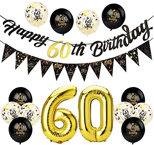 Afirbeone 60th Birthday Decorations,Timeless Black Gold matching | Triangle Pennant Banner, Confetti Latex Balloons and Aluminium Foil 60th Balloons,for Men Women,Easy To Assemble