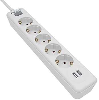 Philips 5-vägs grenuttag – SPN3052WB/10-230V – vit – med USB – huvudbrytare