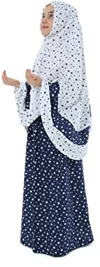 Elanesa Mädchen Gebetskleidung Kinder Islamische Kleidung Kleid Mädchen Zweiteilige Kleider Maxi Skirt, Langer Hijab und Rosenkranz Geschenk Sterne gedruckt