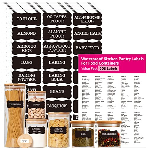 308 Pantry Food Labels, 280 Preprinted Flour Pasta Lentil Grain Condiment Oil Stickers, 28 Blank Ones, Waterproof Oil&Tear Resistant, No Residue for Kitchen Containers Jars(White on Black)