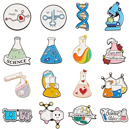 PandaHall Emaille-Anstecknadel-Set mit Wissenschaftsthema, 16 Stile, niedliche Brosche, Anstecknadeln, Anstecknadeln, für Kleidung, Taschen, Jacken, Accessoires, 16 Stück