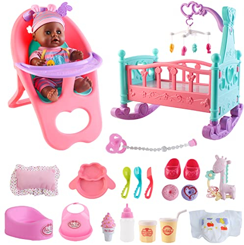 deAO 21 Pièces Kit Accessoire Bébé Poupée avec 29cm Poupée Interactive, Lit, Chaise Haute, Biberon Pot et Accessoires Alimentation, Jeu de Rôle Jouet Fille Enfant 3 4 5 6 Ans Cadeau(Bébé Noir)