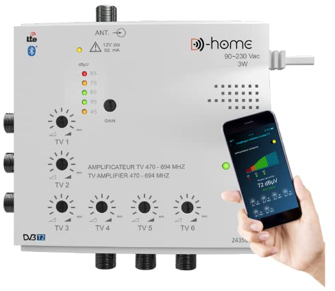 D-Home - Amplificatore TV TNT Interno 6 Uscite 23dB Collegato Filtrato 4G-5G - Funziona con App Mobile TV Finder per Trovare il Miglior Segnale Disponibile. Per qualsiasi antenna
