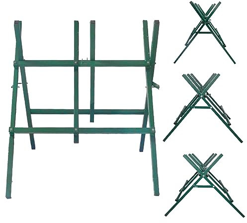 OKAYES Log Cutting Sawhorse, Adjustable Steel Sawbuck for Firewood, Green Folding Saw Horse Heavy Duty, 250LBS Weight Capacity Log Holder for Chainsaw Cutting