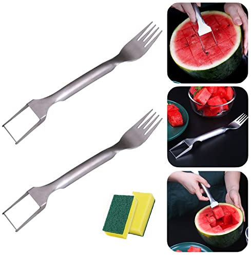 2 Pcs Watermelon Cutter,2-in-1 Watermelon Fork Slicer,Dual Head Stainless Steel Watermelon Slicer for Family Parties Camping (with Cleaning Sponge)