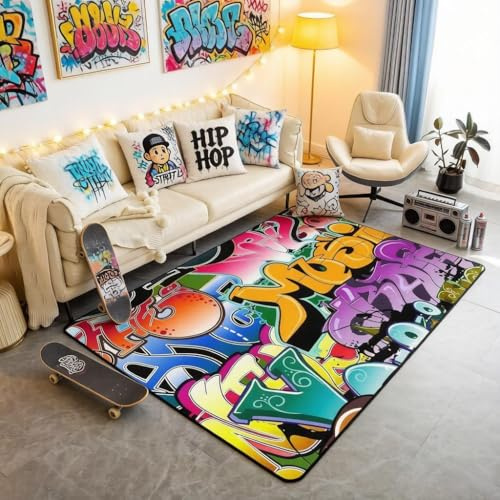 Loussiesd Alfombra Hip Hop, Hip Hop, Alfombra Decorativa para Salón Dormitorio, Graffiti, Gráficos, Cultura de Calle, Grunge, Alfombra Decorativa 100x150cm