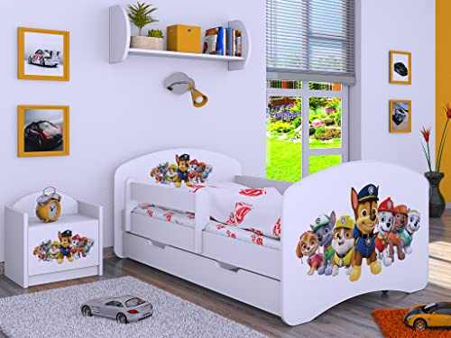 BDW Kinderbett Super Hunde - Babybett mit Matratze und Schublade - Bequem und Langlebig Rausfallschutz Bett - Kinderzimmer - Weiß (Motiv 3) - 140x70