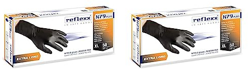REFLEXX N79P, Guanti in Nitrile senza Polvere Extra Lungo 30 Cm, Gr 7.7, 50 Pezzi, Nero (Confezione da 2)