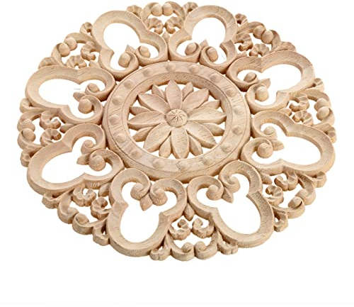 Wandornamente Holz Applique 1Pc Holz Geschnitzte Runde Applikation Möbel Natürlich Unbemalt Home Decor Vintage Craft Figur Hohl 24Cm