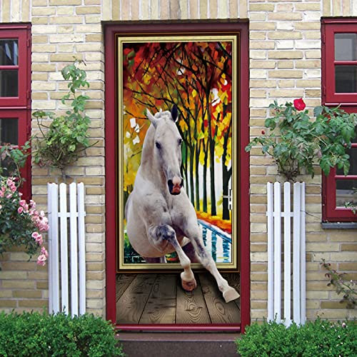 3D Mode Weißes Pferd Verlässt Kreative Türaufkleber 95X215Cm Selbstklebend Innentüren Türfolie Art Decals Pvc Fototapete Wasserdichte Türtapete Poster Wohnzimmer Kinderzimmer Dekoration