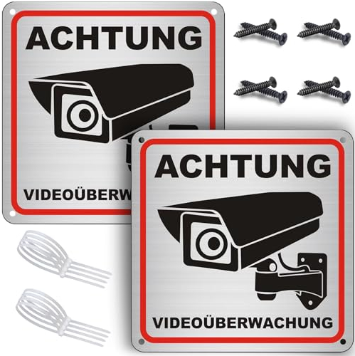 ROUMIO® 2 Stück aluminum schild videoüberwachung selbstklebend - 15x15cm Aluminium videoüberwachung schild privatgrundstück - Mit 4 bohrlöcher - Schönes design - Sturdy und strapazierf
